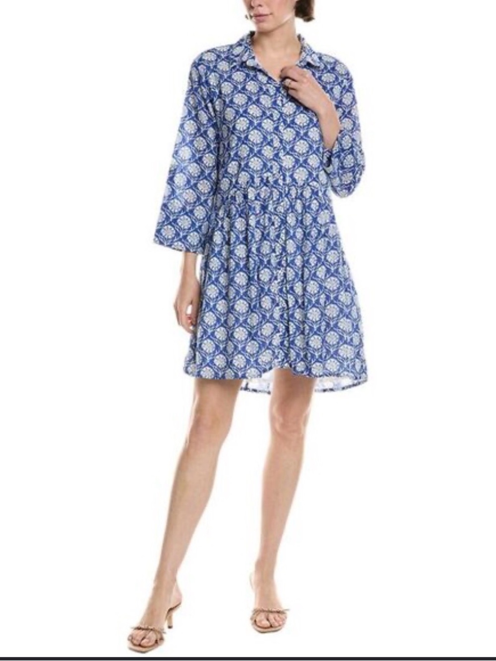Ro’s Garden Deauville Blue Printed Long-Sleeve Collared Dress